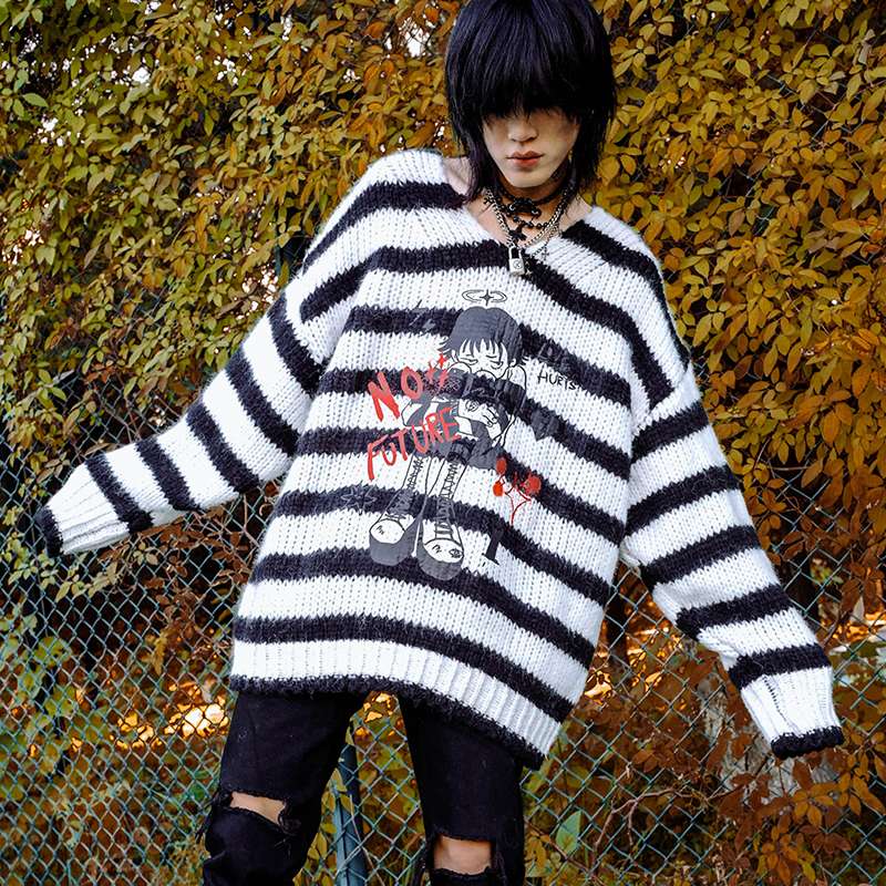 オーバーサイズボーダーニットセーター ボーダー服