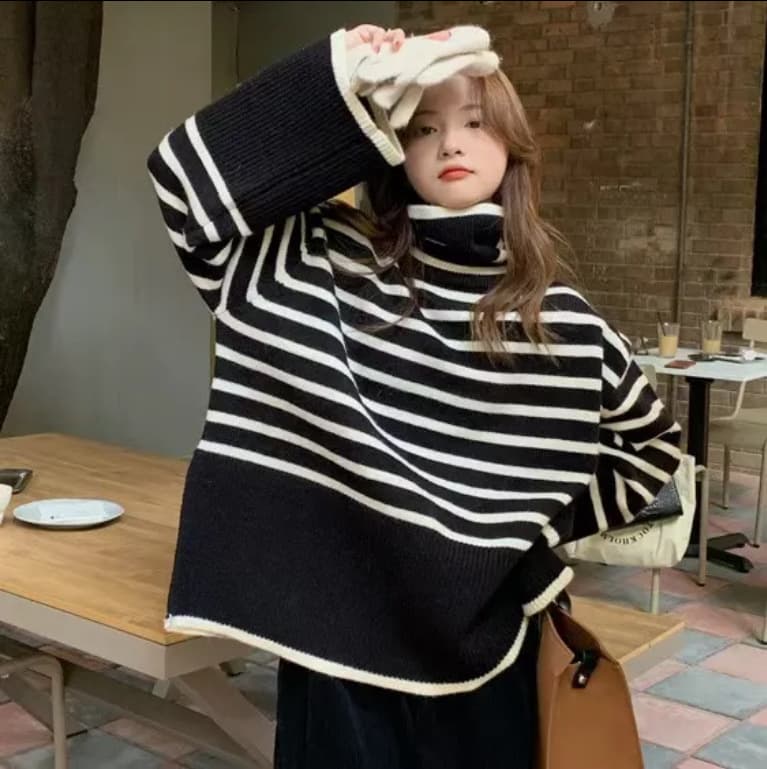 ふんわりボーダー重ね着風タートルニット ボーダー服