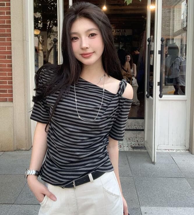 ボーダー服 Tシャツ ボーダー柄半袖Tシャツ オフショルダー リボン付きレディース