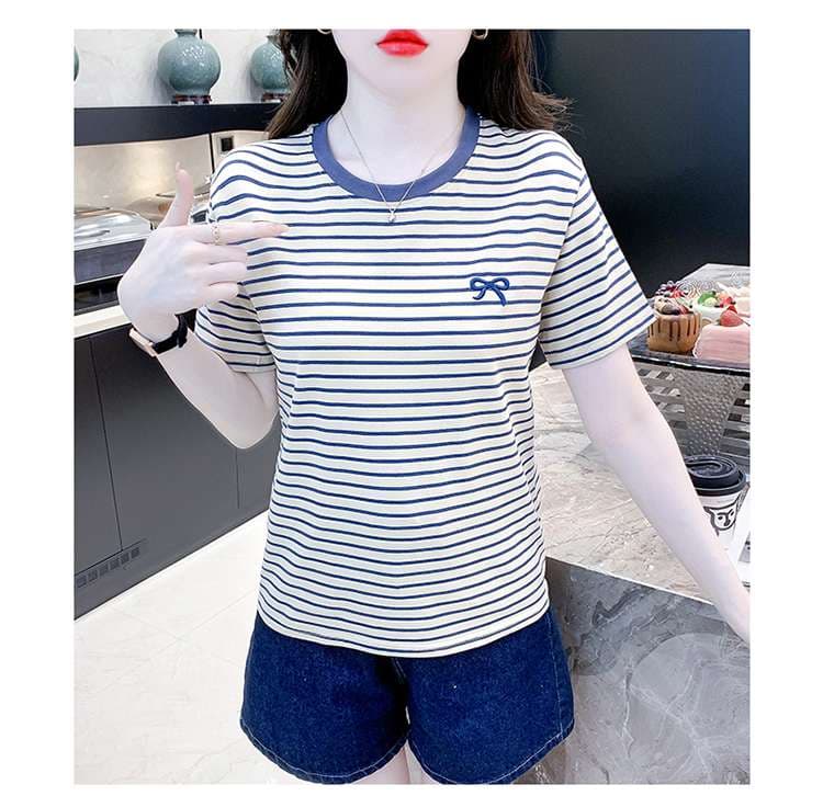 リボン刺繍入りマリンボーダーTシャツ ボーダー服