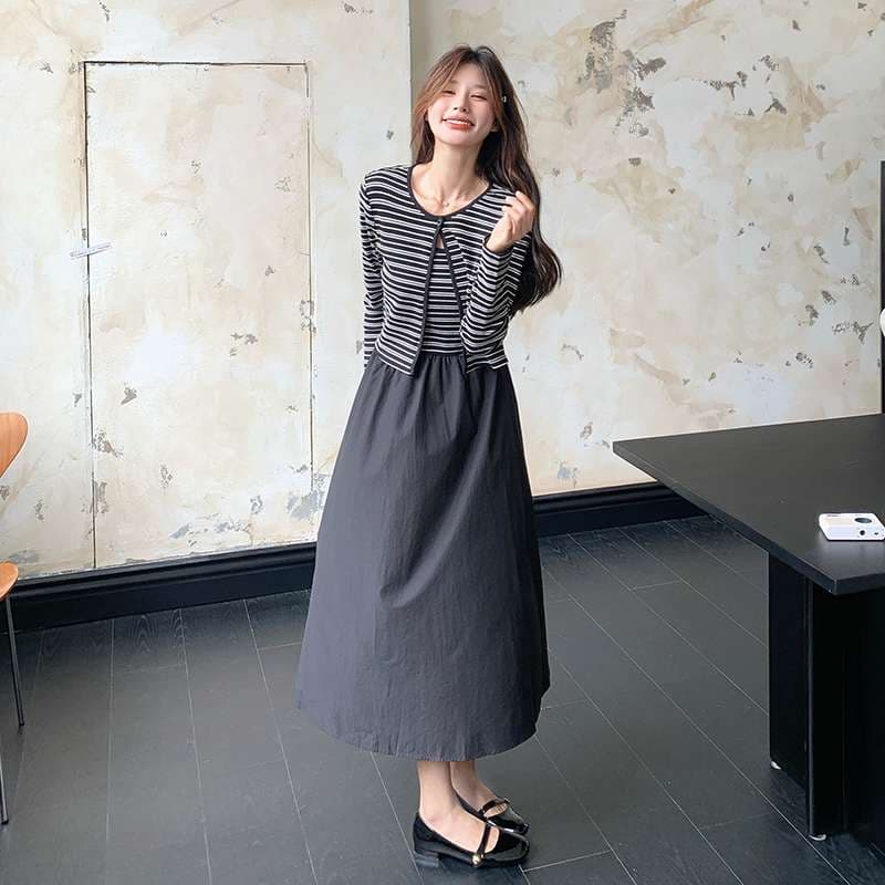 ストライプカーディガン重ね着風ロングワンピース ボーダー服