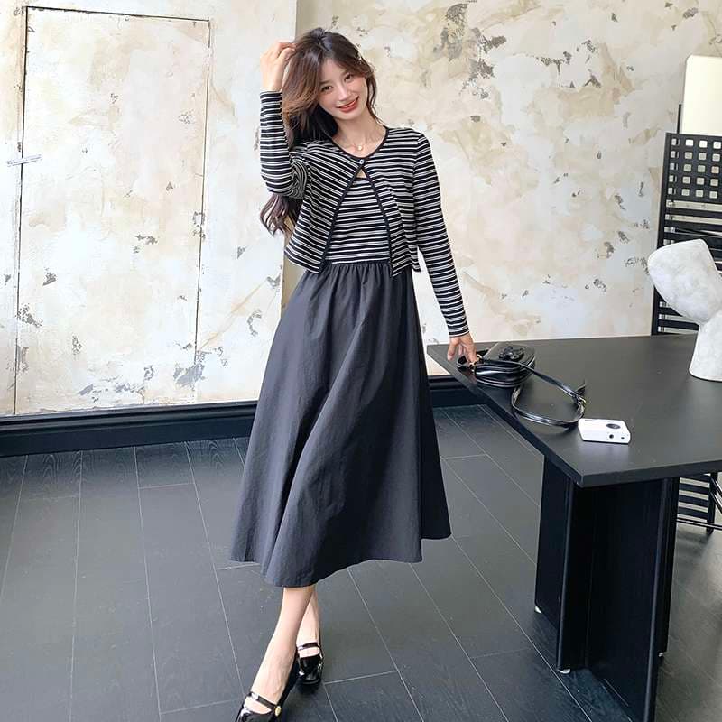 ストライプカーディガン重ね着風ロングワンピース ボーダー服
