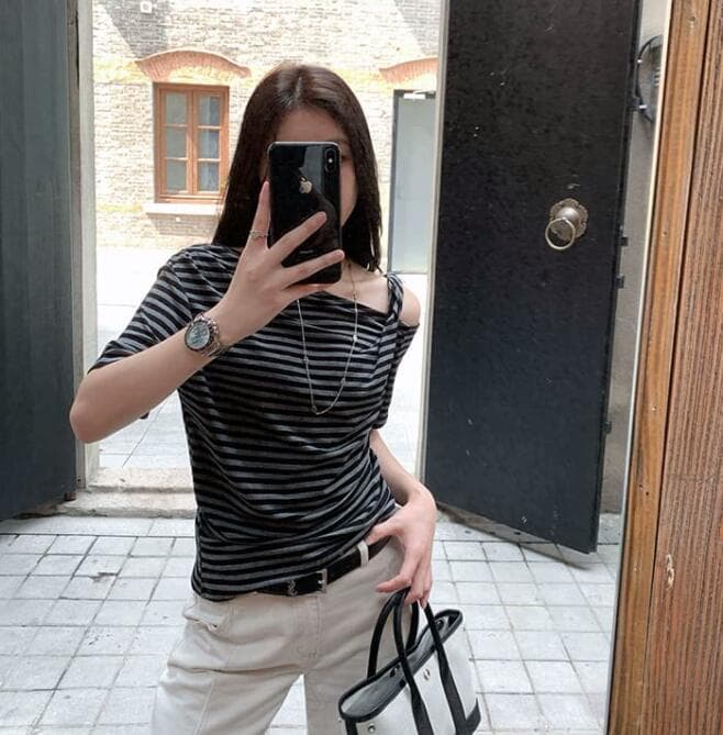 ボーダー服 Tシャツ ボーダー柄半袖Tシャツ オフショルダー リボン付きレディース