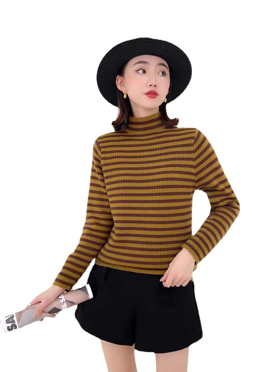 ボーダー柄ふわもこ裾タートルネックセーター ボーダー服