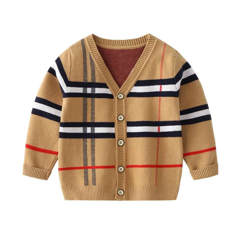 チェック柄ニットカーディガン ボーダー服