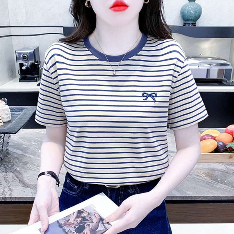 リボン刺繍入りマリンボーダーTシャツ ボーダー服