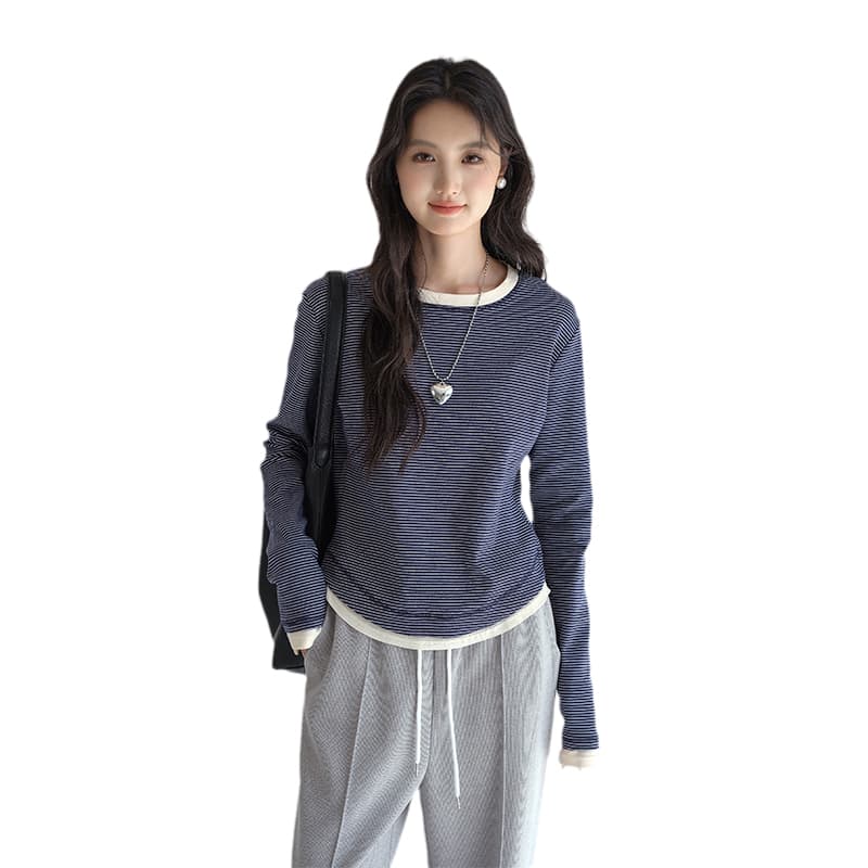 ボーダー服 シンプル細ボーダー リブ仕立てロングスリーブ