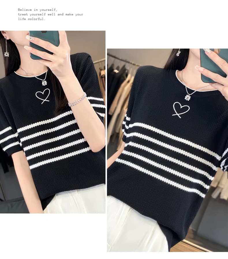 ボーダー ハートモチーフ ボーダーニットTシャツ