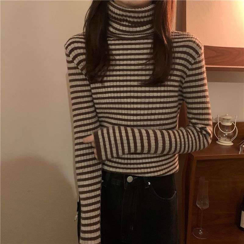 リブ編みボーダータートルネックセーター ボーダー服