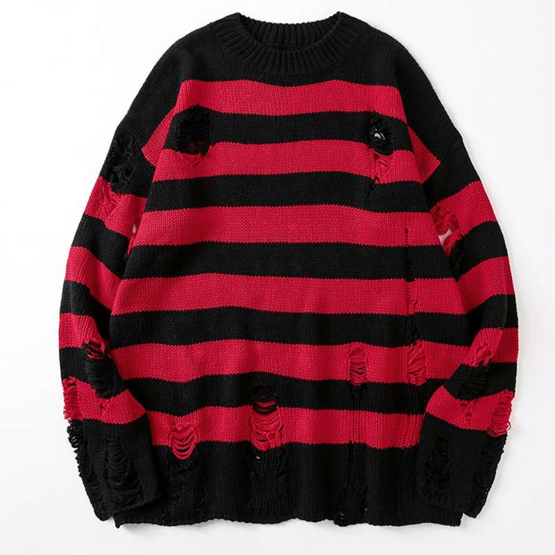 ダメージ加工ボーダーオーバーサイズニット ボーダー服