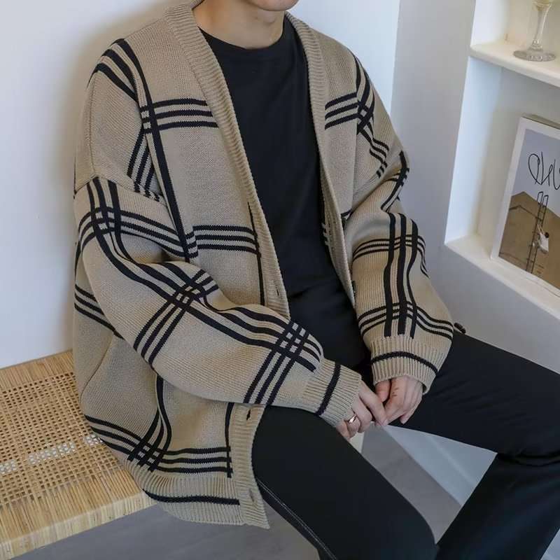 モダンチェック柄オーバーサイズカーディガン ボーダー服