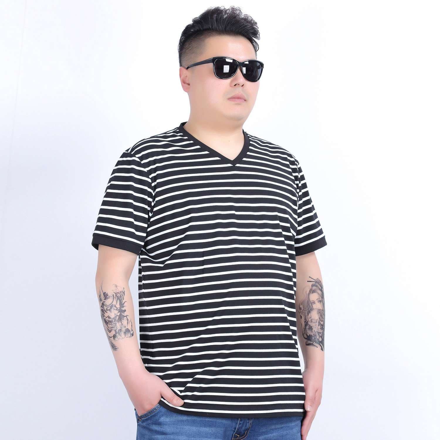 ゆったりストライプVネック半袖Tシャツ ボーダー服