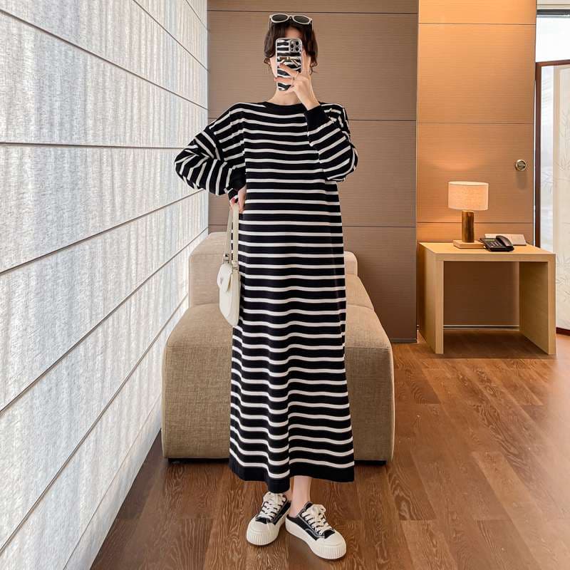 ゆったりストライプ柄マキシワンピース ボーダー服