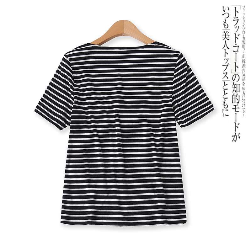 スクエアネックリブ編みボーダーTシャツ ボーダー服
