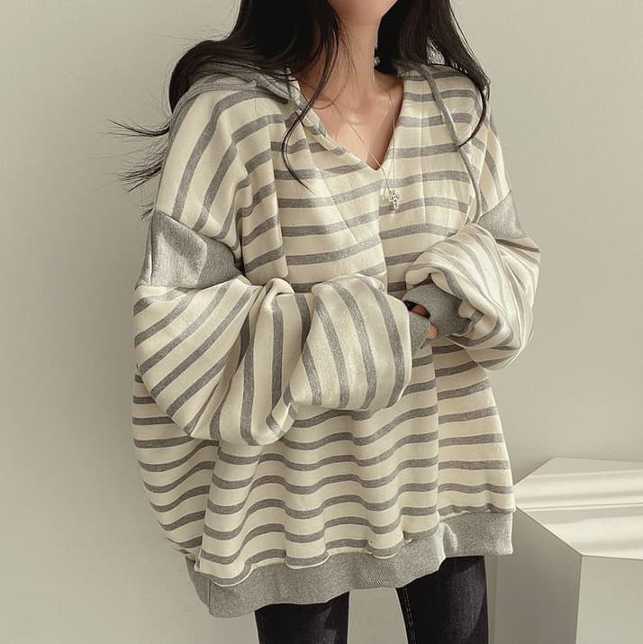 ボーダー服 ボーダー柄フード付きパーカー秋冬レディースゆったり