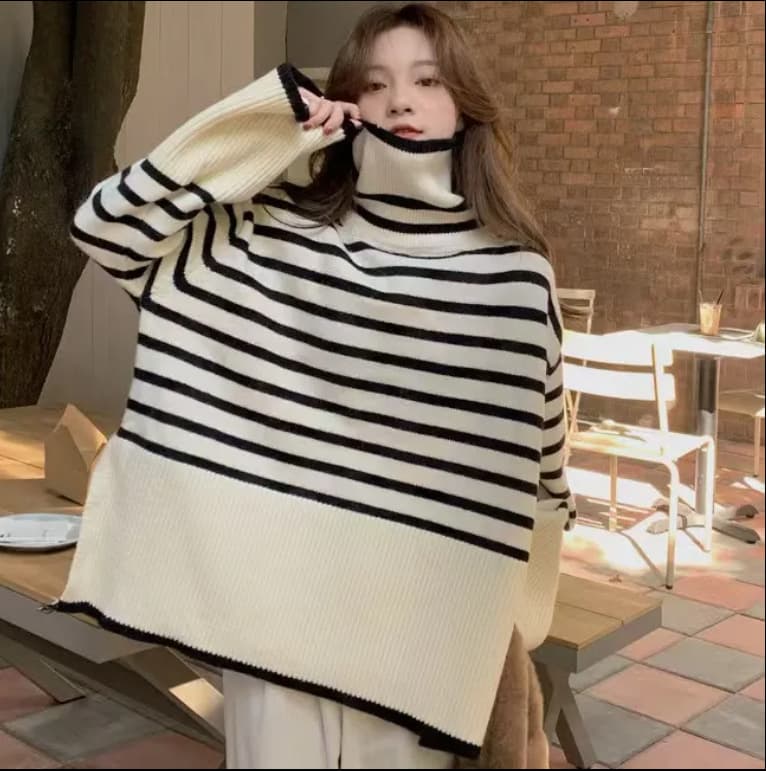 ふんわりボーダー重ね着風タートルニット ボーダー服