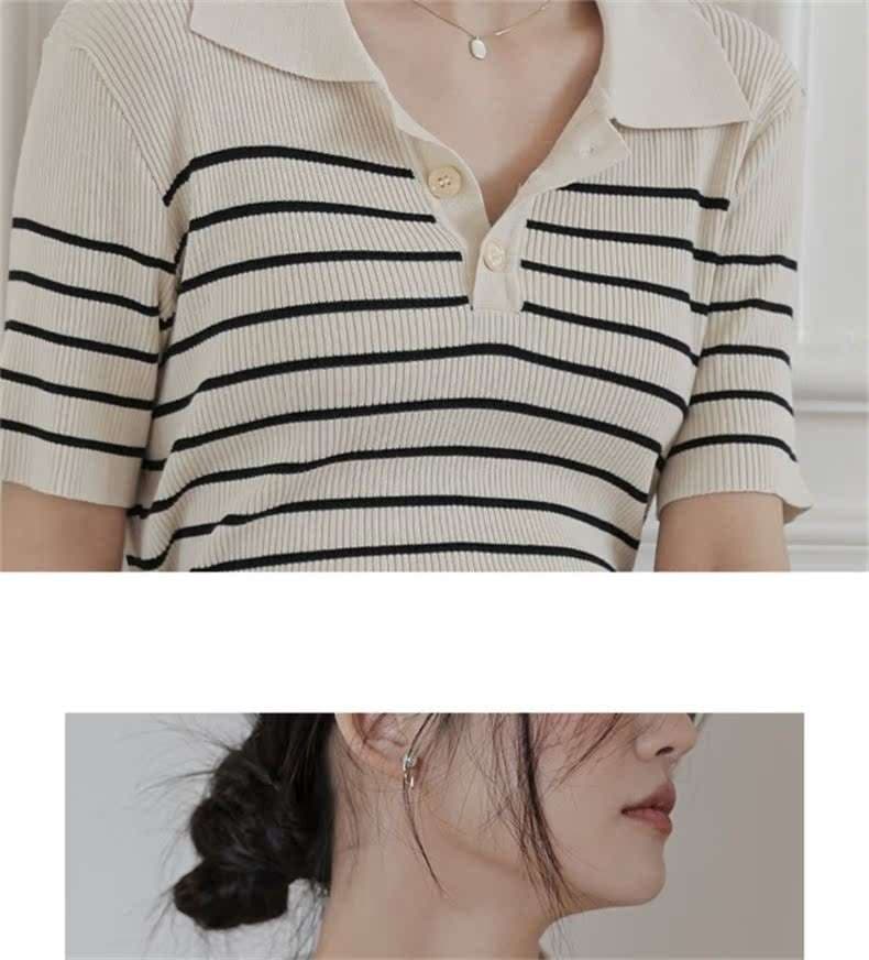 優雅な襟付きボーダーニットポロシャツ ボーダー服