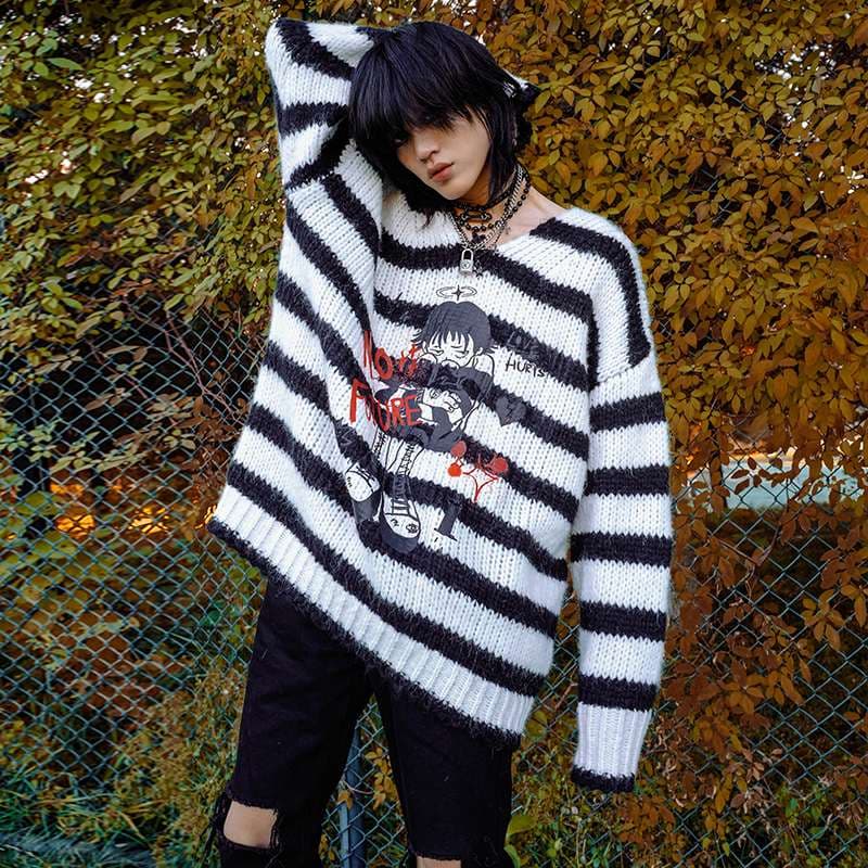 オーバーサイズボーダーニットセーター ボーダー服