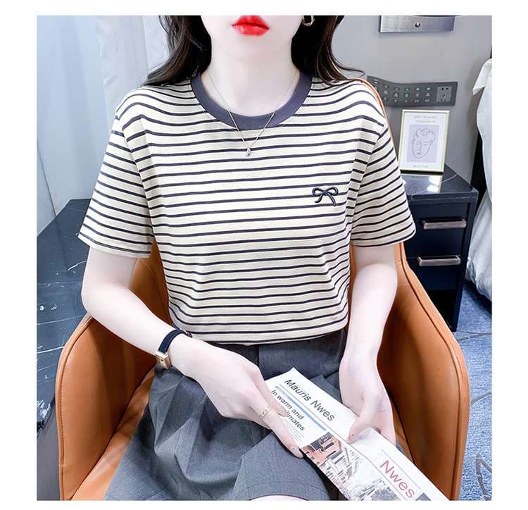 リボン刺繍入りマリンボーダーTシャツ ボーダー服