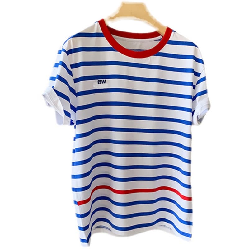 ボーダー服 爽やか海風リブネック細ボーダーシャツ