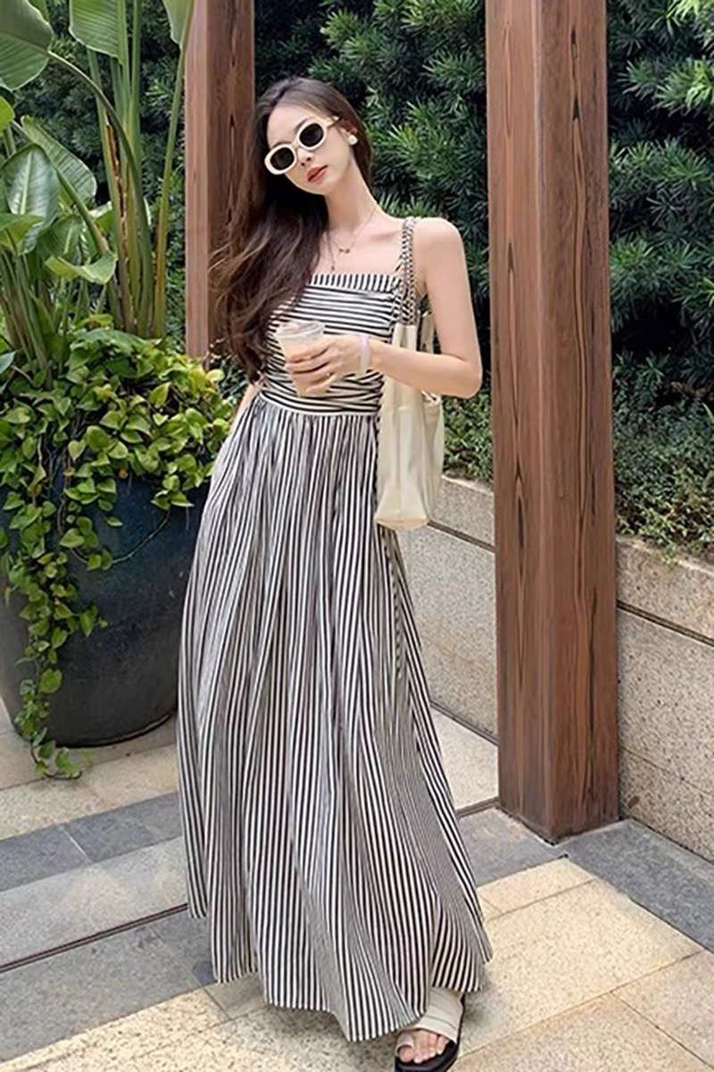 ストライプ柄マキシ丈サマーワンピース ボーダー服