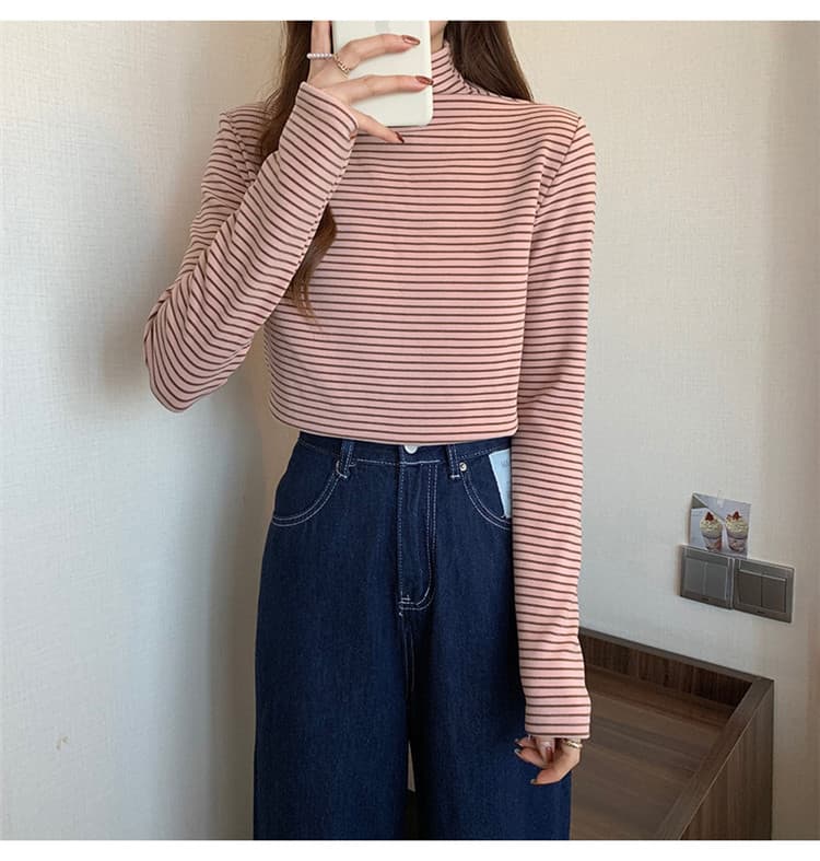 ボーダー服タートル 暖かい厚手ボーダー長袖シャツ