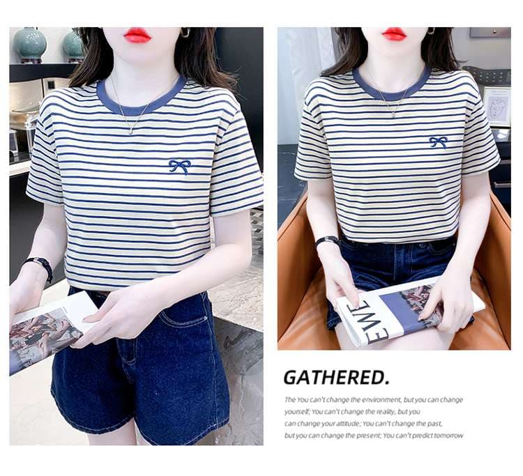 リボン刺繍入りマリンボーダーTシャツ ボーダー服