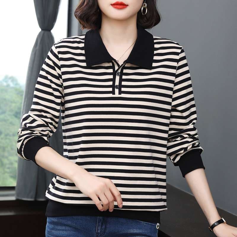 レトロスタイル ボーダー襟付き長袖カットソー ボーダー服