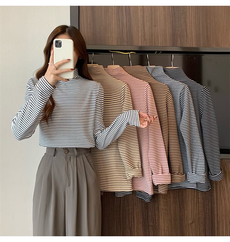 ボーダー服タートル 暖かい厚手ボーダー長袖シャツ