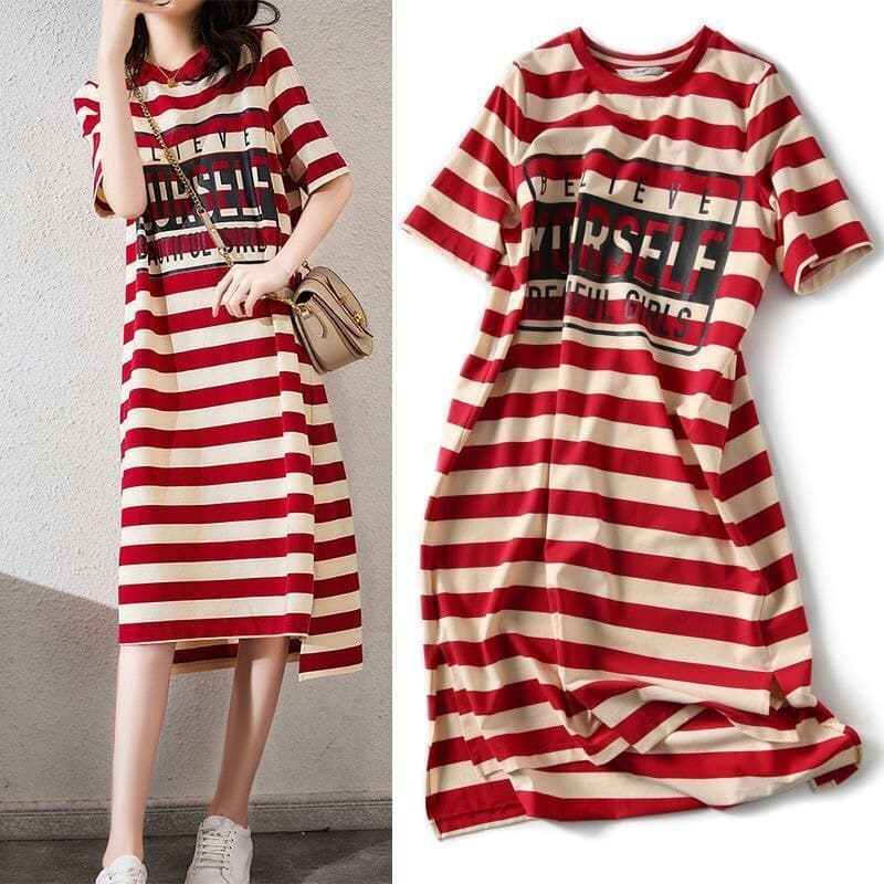 ボーダー服 ロゴプリント入りボーダーワンピース