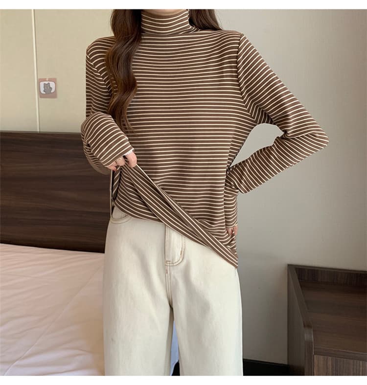ボーダー服タートル 暖かい厚手ボーダー長袖シャツ