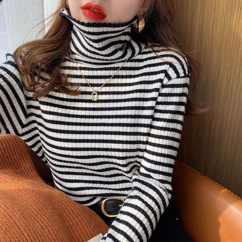 リブ編みボーダータートルネックセーター ボーダー服