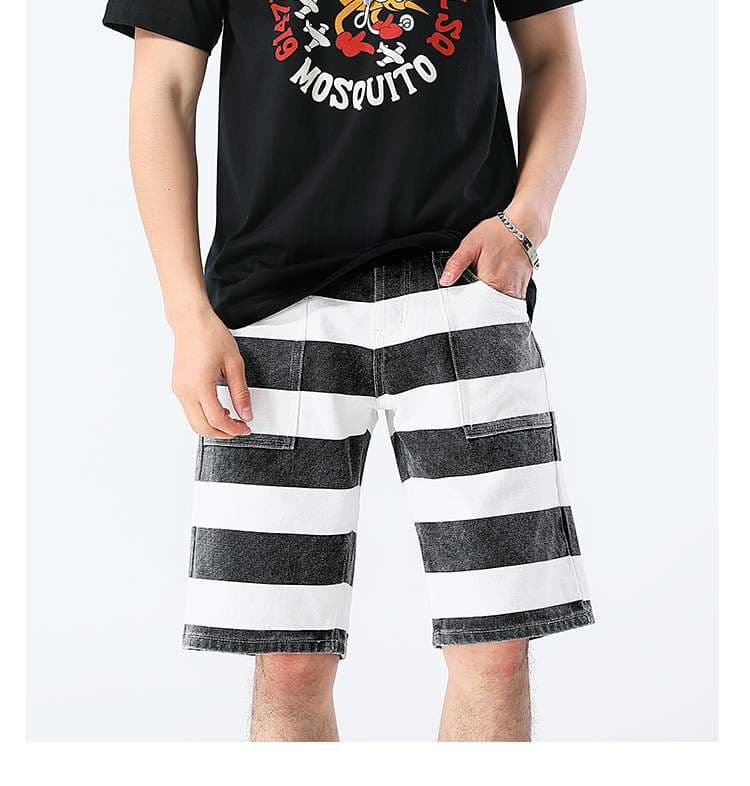 太幅ボーダーデニムハーフパンツ ボーダー服