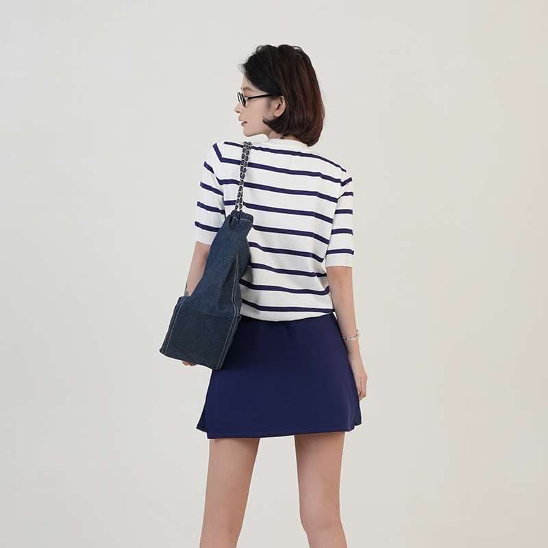 ボーダー柄半袖ニットカーディガン ボーダー服