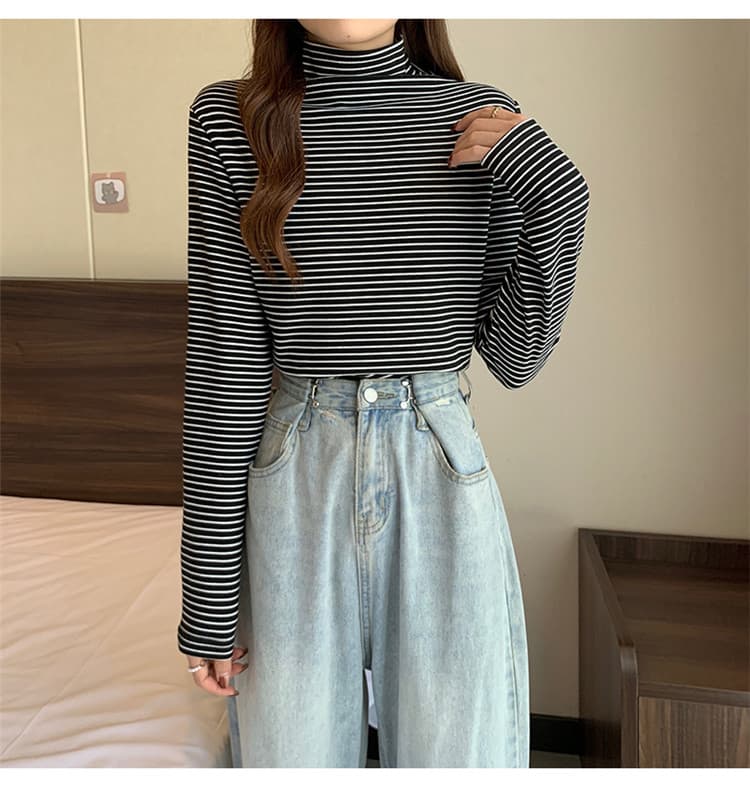 ボーダー服タートル 暖かい厚手ボーダー長袖シャツ