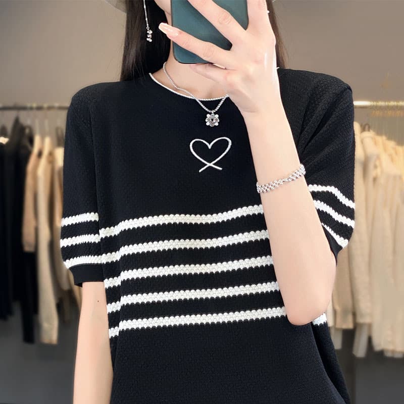 ボーダー ハートモチーフ ボーダーニットTシャツ