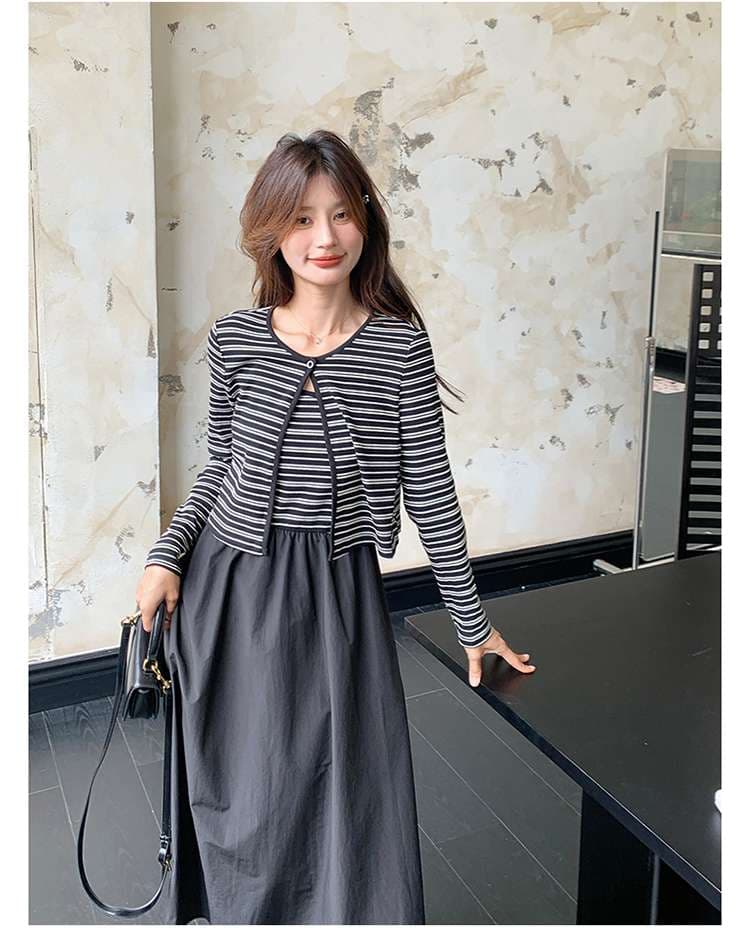 ストライプカーディガン重ね着風ロングワンピース ボーダー服