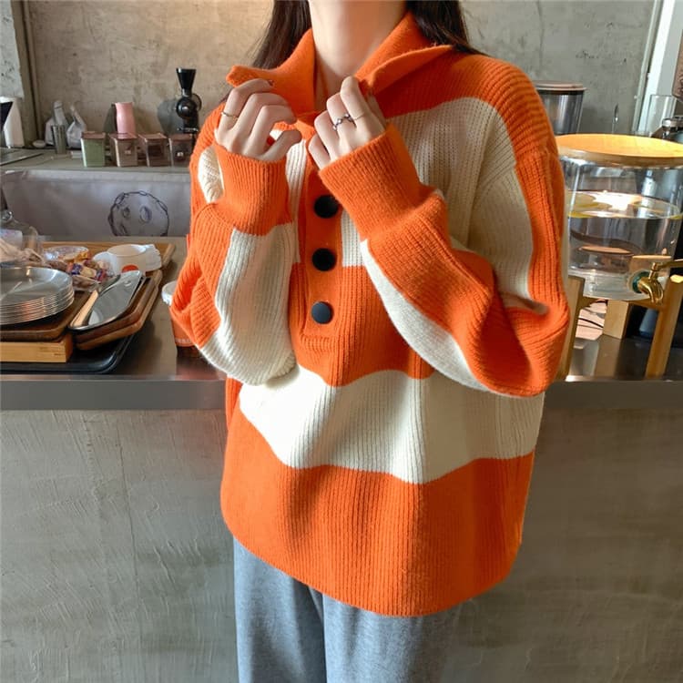ボーダー服 ボーダー襟付きニットセーター ゆったり暖か