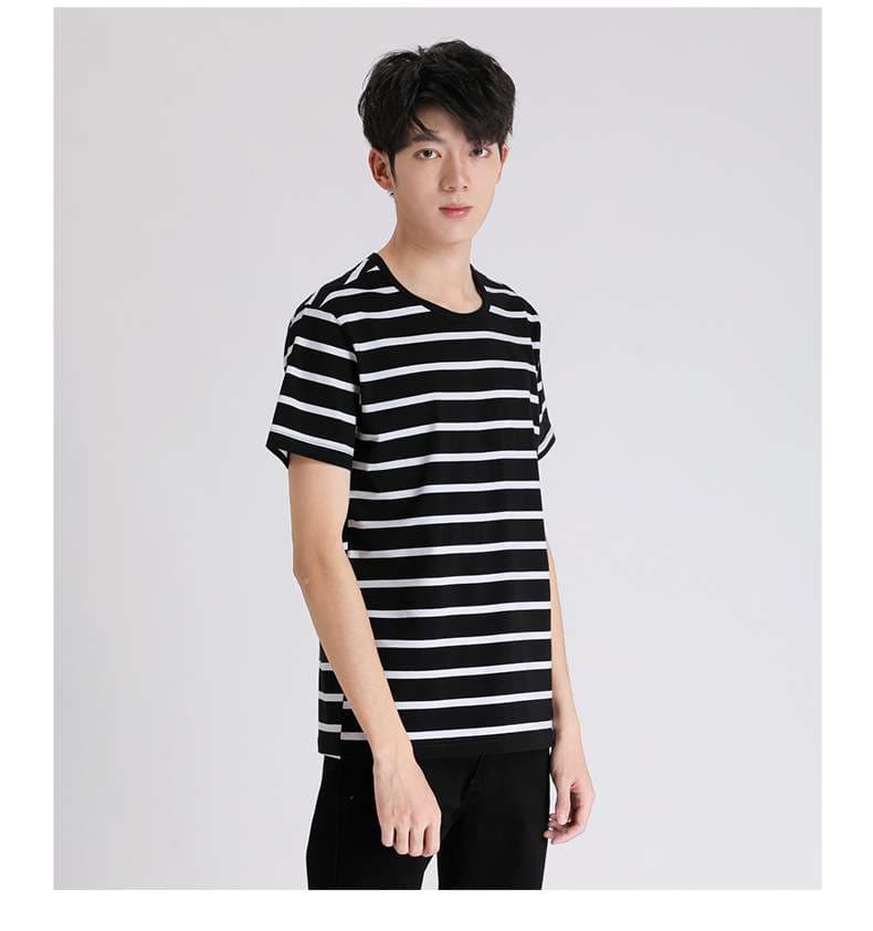 しなやかな縞模様クルーネック半袖Tシャツ ボーダー服