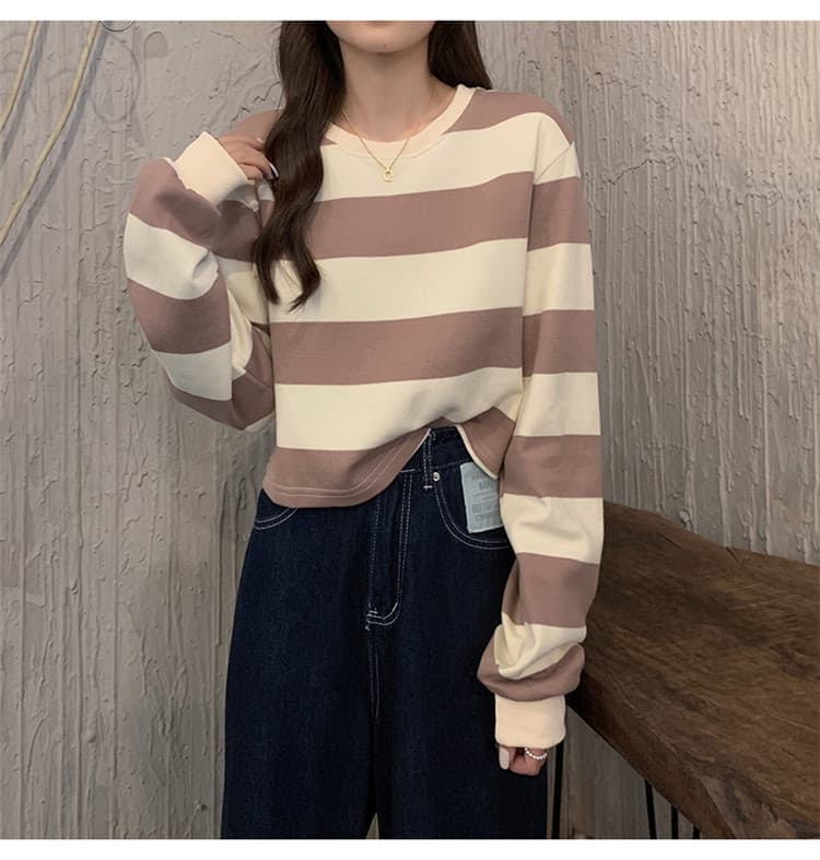 ボーダー服 Tシャツ ボーダー柄 丸首ショート丈Tシャツ長袖レディース