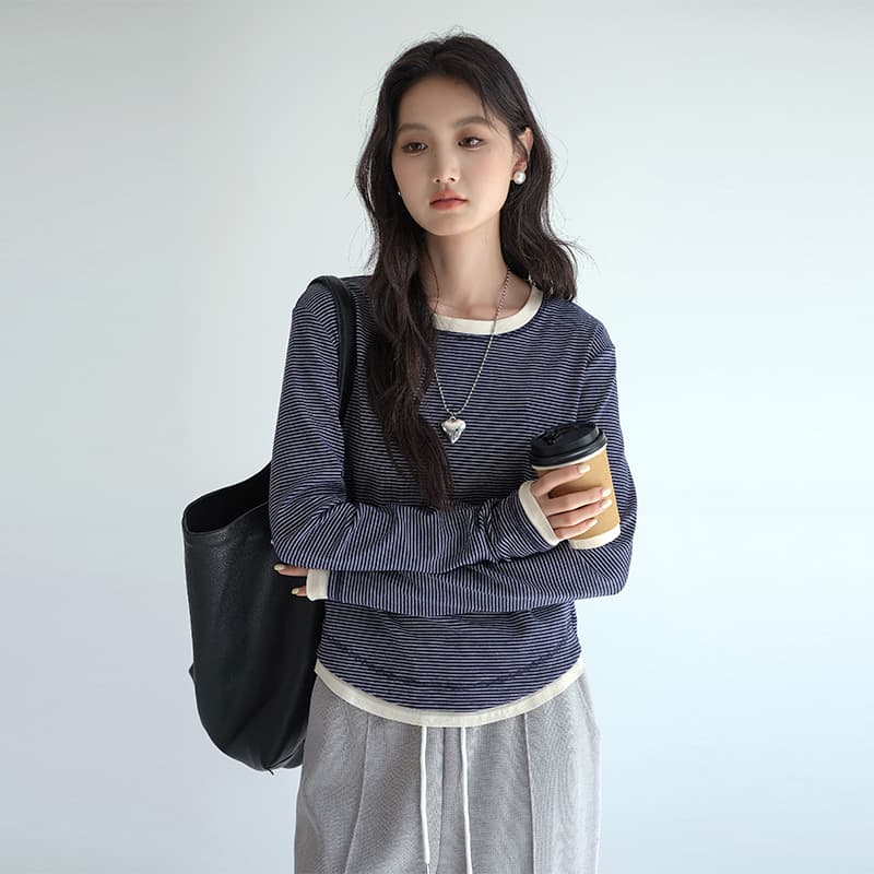 ボーダー服 シンプル細ボーダー リブ仕立てロングスリーブ