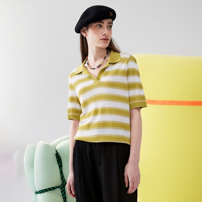 ボーダー服 模様編みボーダーポロシャツ