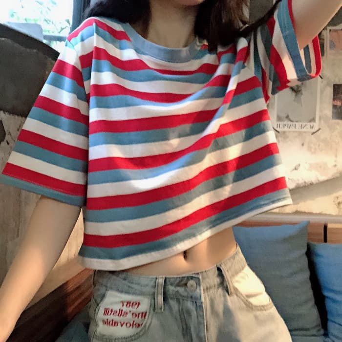 ボーダー マルチボーダークロップドTシャツ
