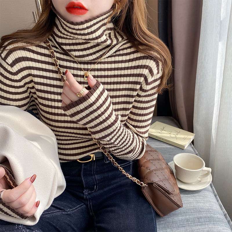 リブ編みボーダータートルネックセーター ボーダー服