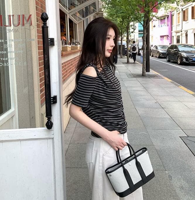 ボーダー服 Tシャツ ボーダー柄半袖Tシャツ オフショルダー リボン付きレディース
