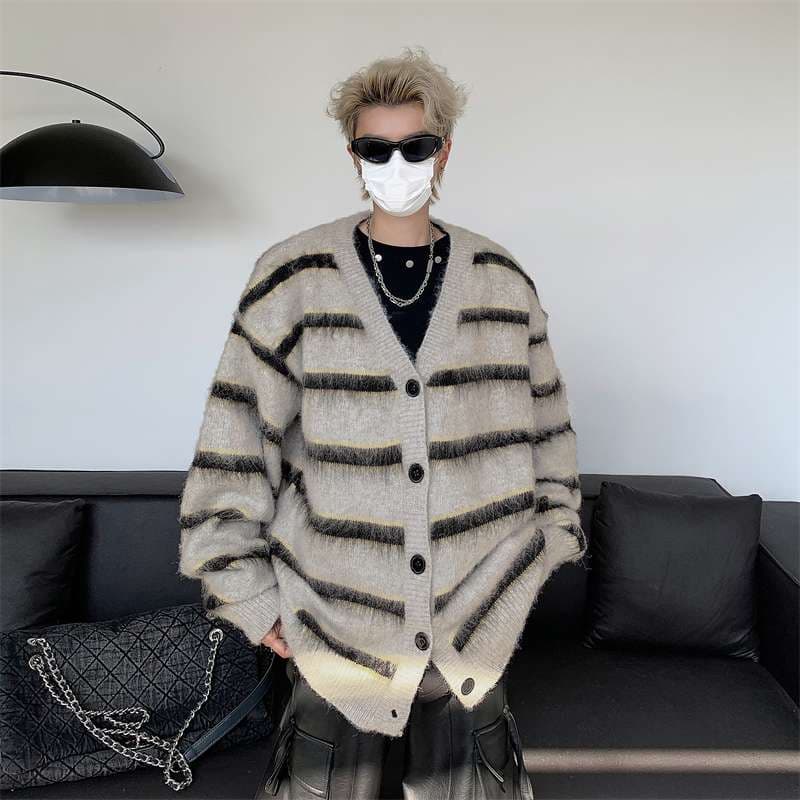 モコモコボーダー柄オーバーサイズカーディガン ボーダー服