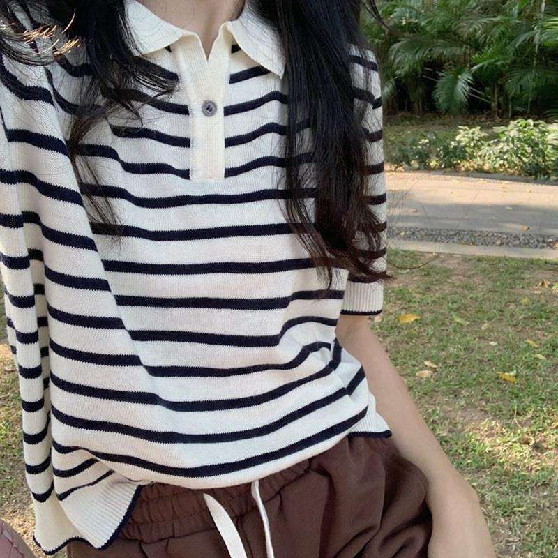 爽やかボーダー柄ニットポロシャツ ボーダー服