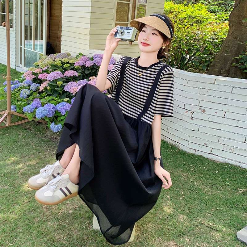 ストライプ切り替えサロペットワンピース ボーダー服