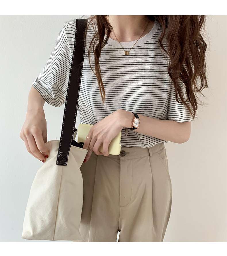 シンプル細ボーダークルーネックTシャツ ボーダー服