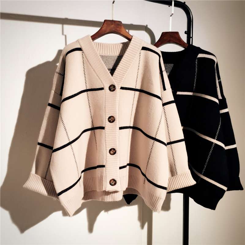 格子柄ゆったりニットカーディガン ボーダー服